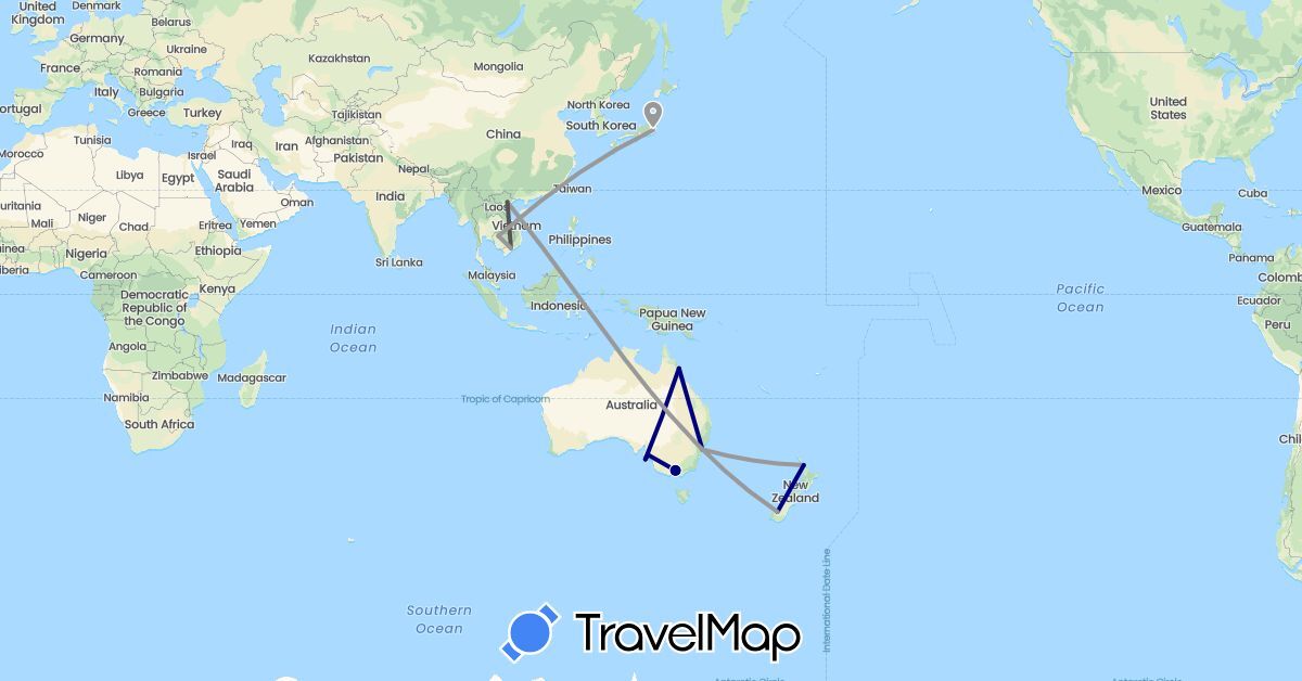 TravelMap itinerary: driving, plane, motorbike in Australia, Japan, Cambodia, New Zealand, Vietnam (Asia, Oceania)